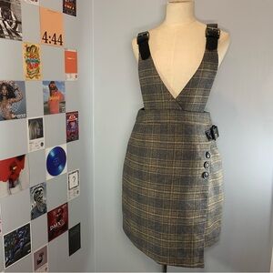 Plaid Brown Grey Grunge Skirt Overall Dress Belt Buckle Overalls